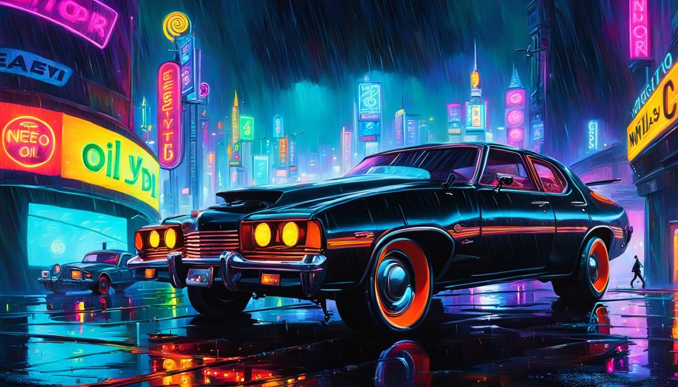 Car Crash in Neon City: Neo-Impressionist Oil Painting