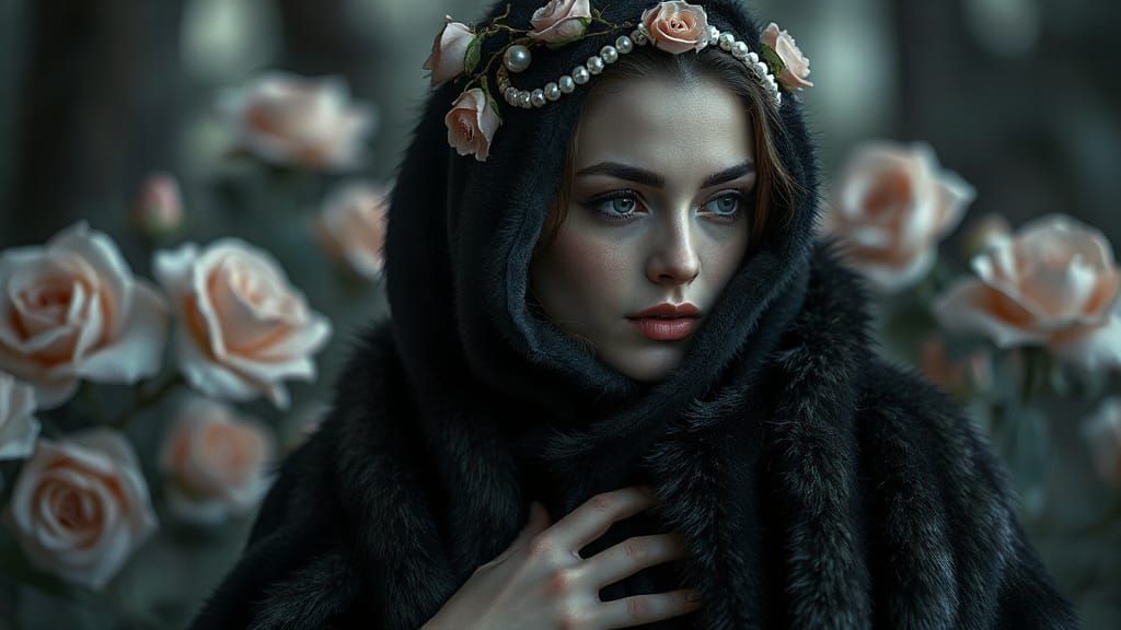 Mystical Woman in Fur Cloak with Ethereal Lighting