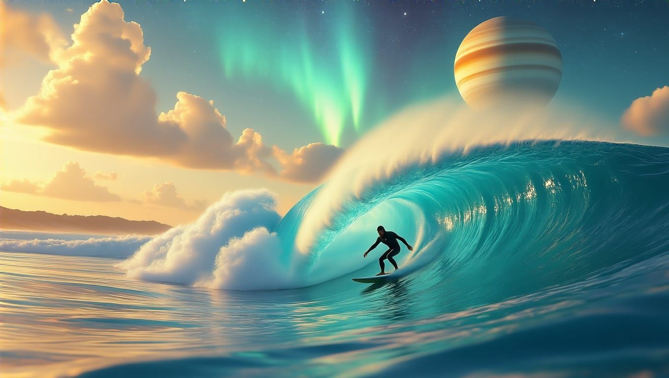Surfer Riding Turquoise Wave on Exotic Sci-Fi Planet at Suns...