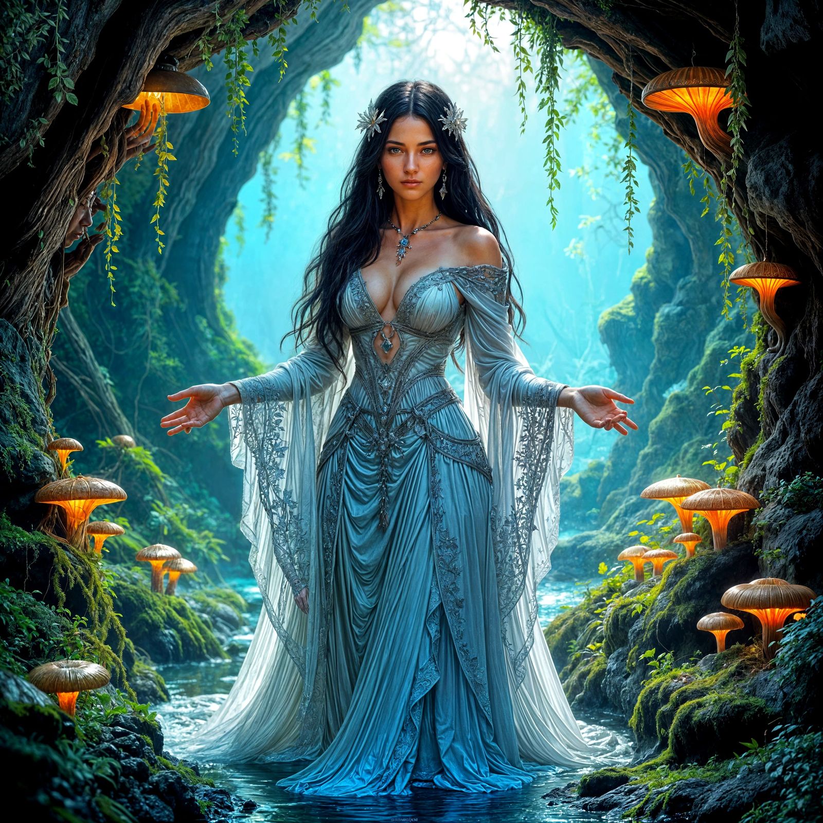 Raven-Haired Sorceress in Bioluminescent Grotto, Art Nouveau...