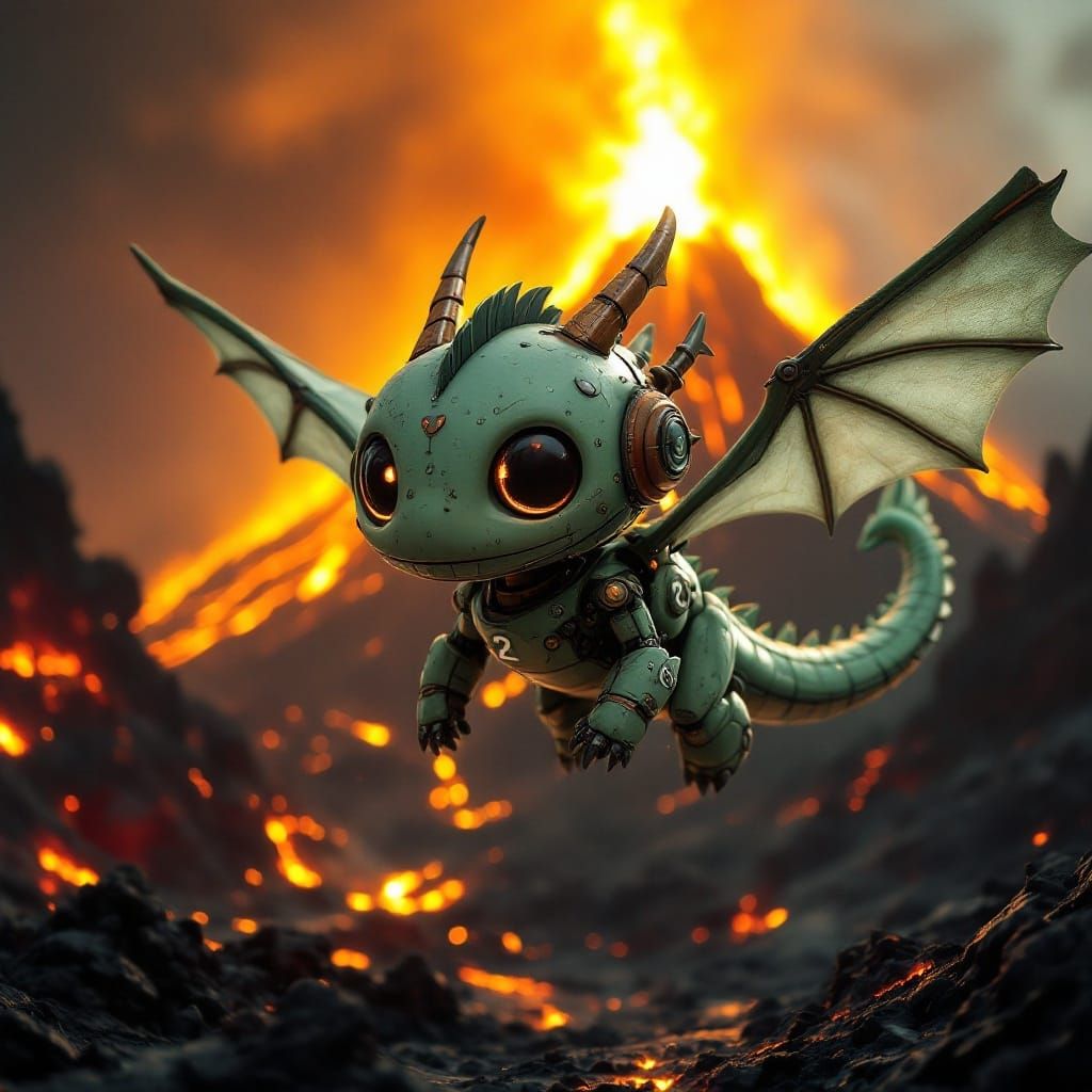 Chibi Robot Dragon in Moody Volcanic Landscape