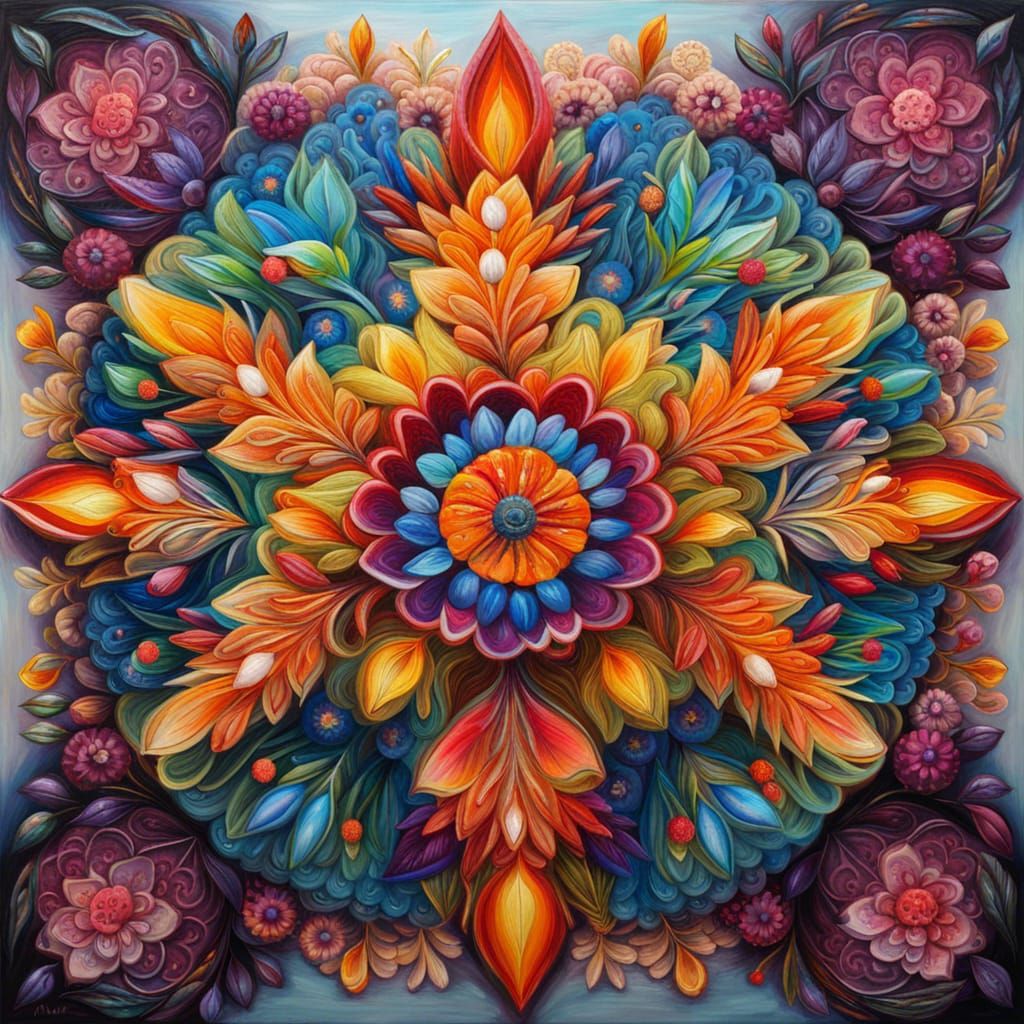 Luminous Floral Mandala in Neo-Impressionist Style