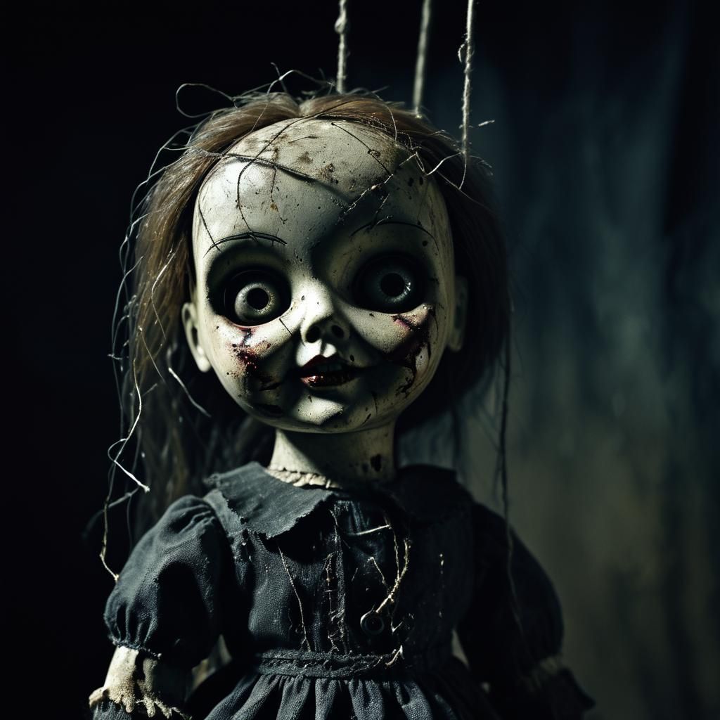 Creepy Gothic Doll with Glowing Eyes in Dark Horror