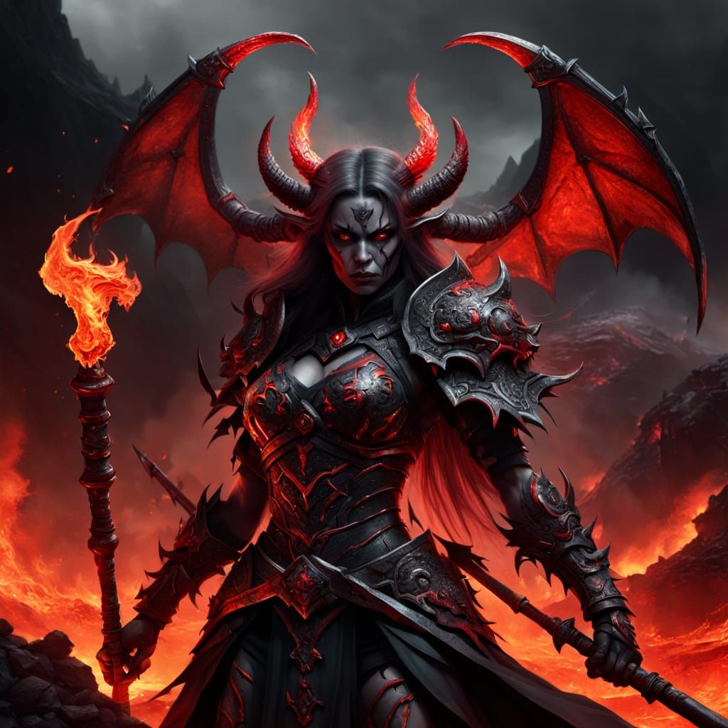 Epic Battle Demon in Hellish Landscape