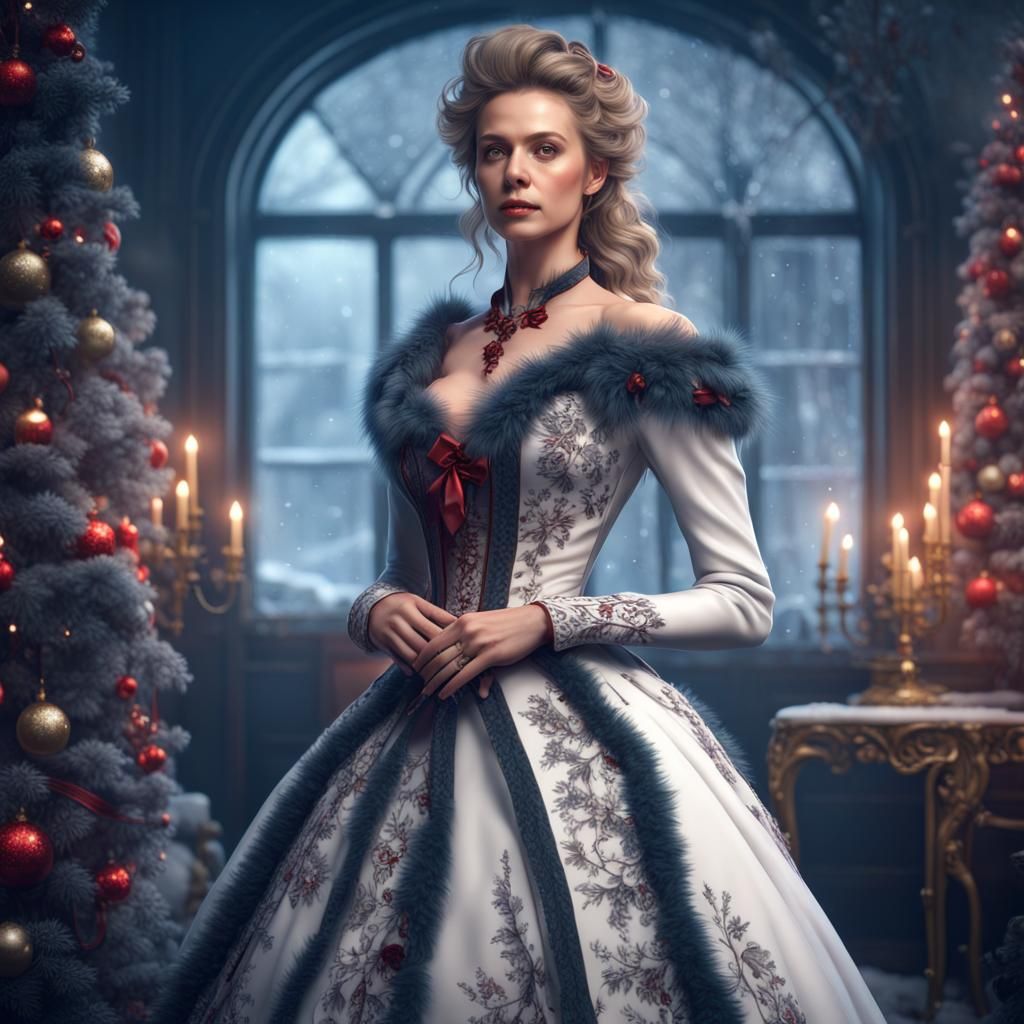 Victorian Woman in Christmas Gown, Detailed Matte Painting