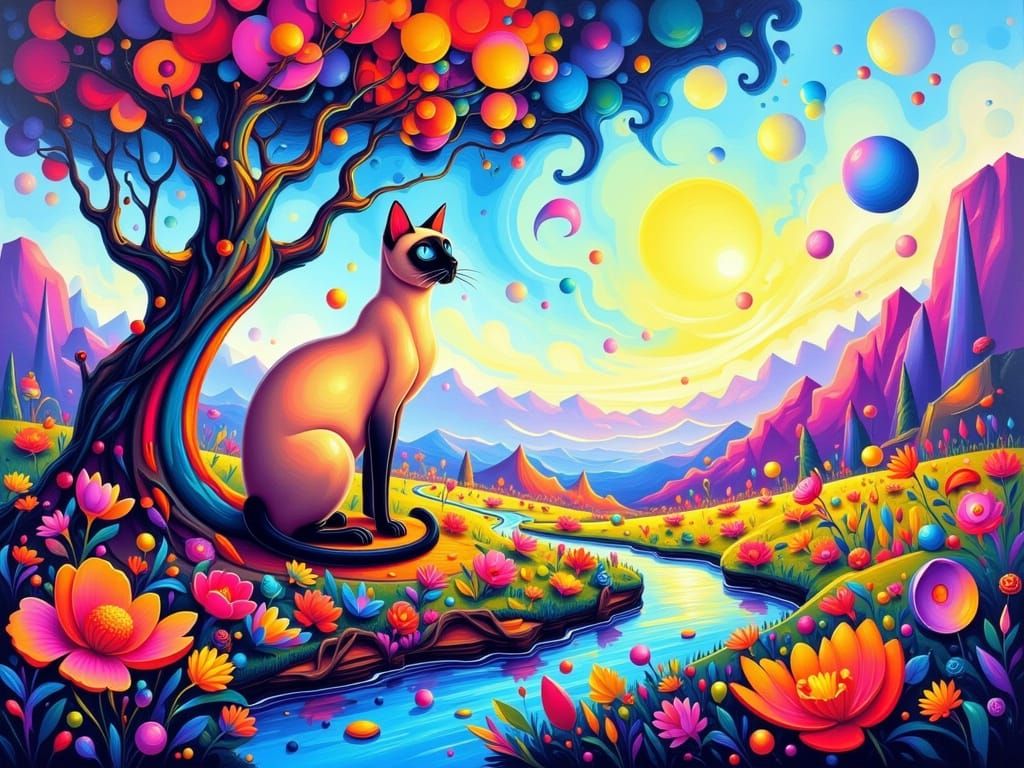 Elegant Siamese Cat in Vibrant Ethereal Flower Field