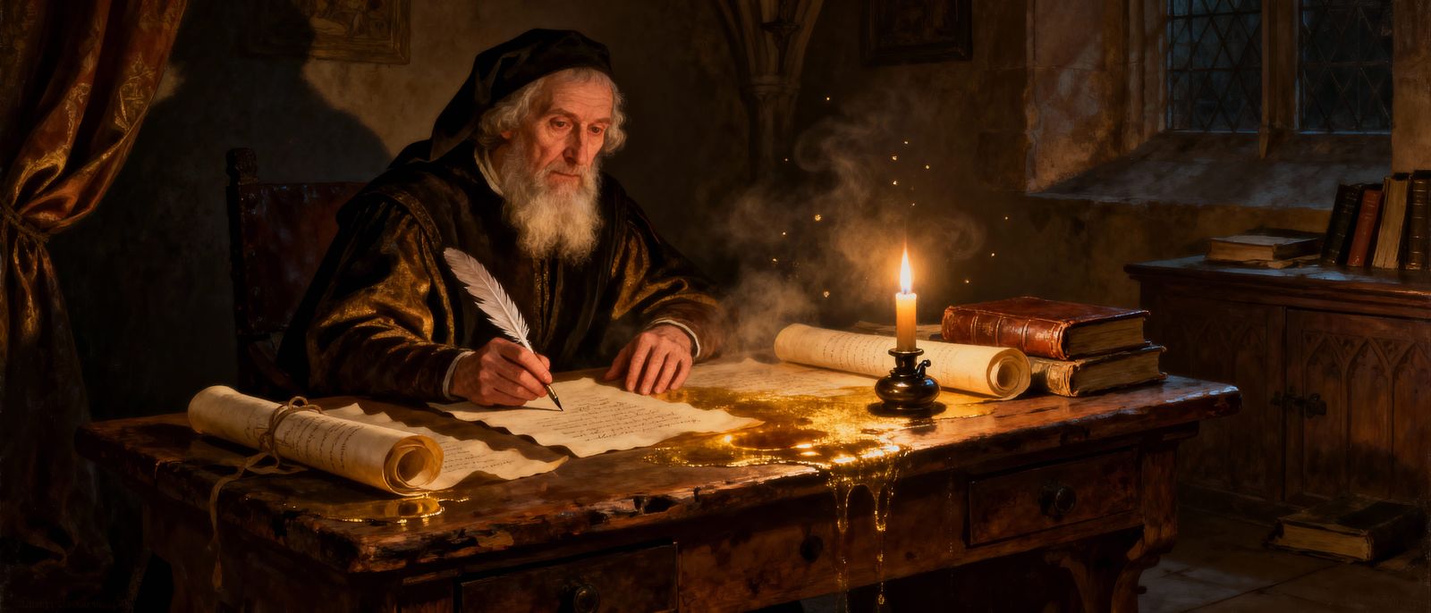 Geoffrey Chaucer in Medieval Study, Oil Painting