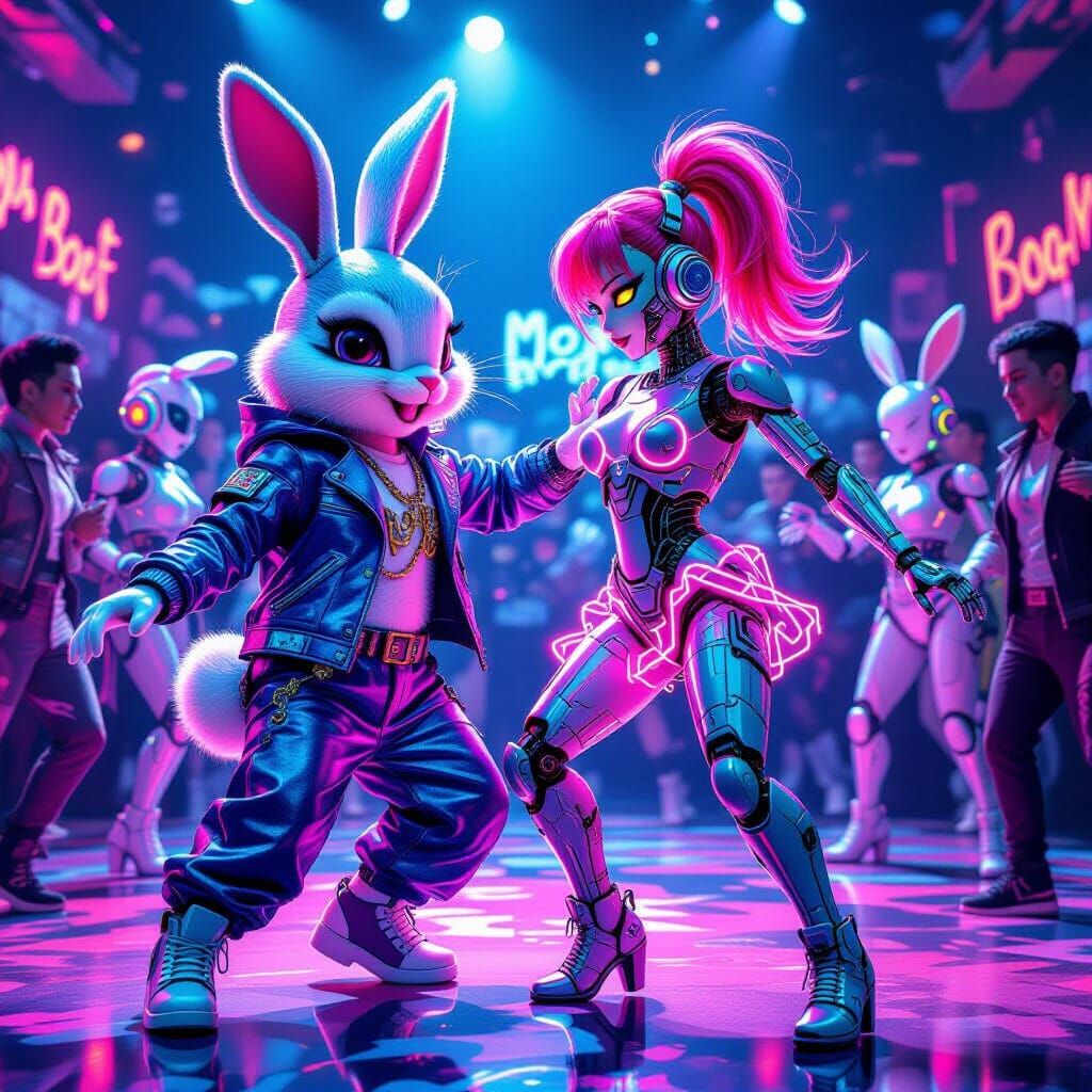 Robotic Bunny Dances with Android in J-Metal Style