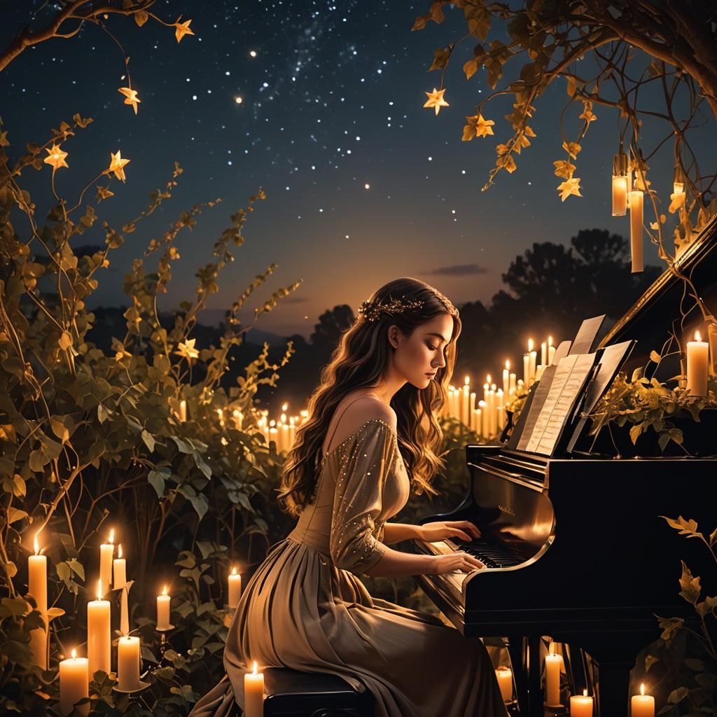 Woman at Piano Under Starry Night Sky