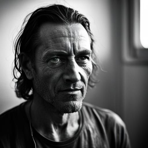 Dreamy Muscular Man Portrait in Leather Outfit