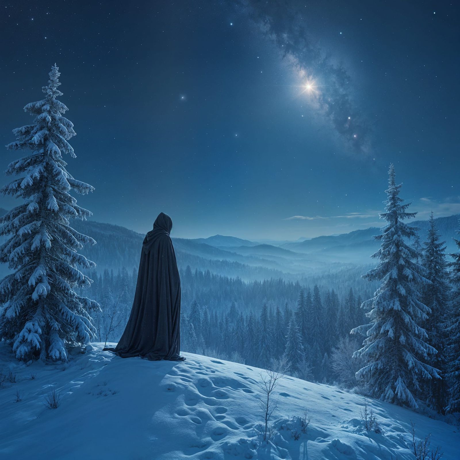 Winter Landscape Under Starlit Skies in a Dark, Iridescent H...