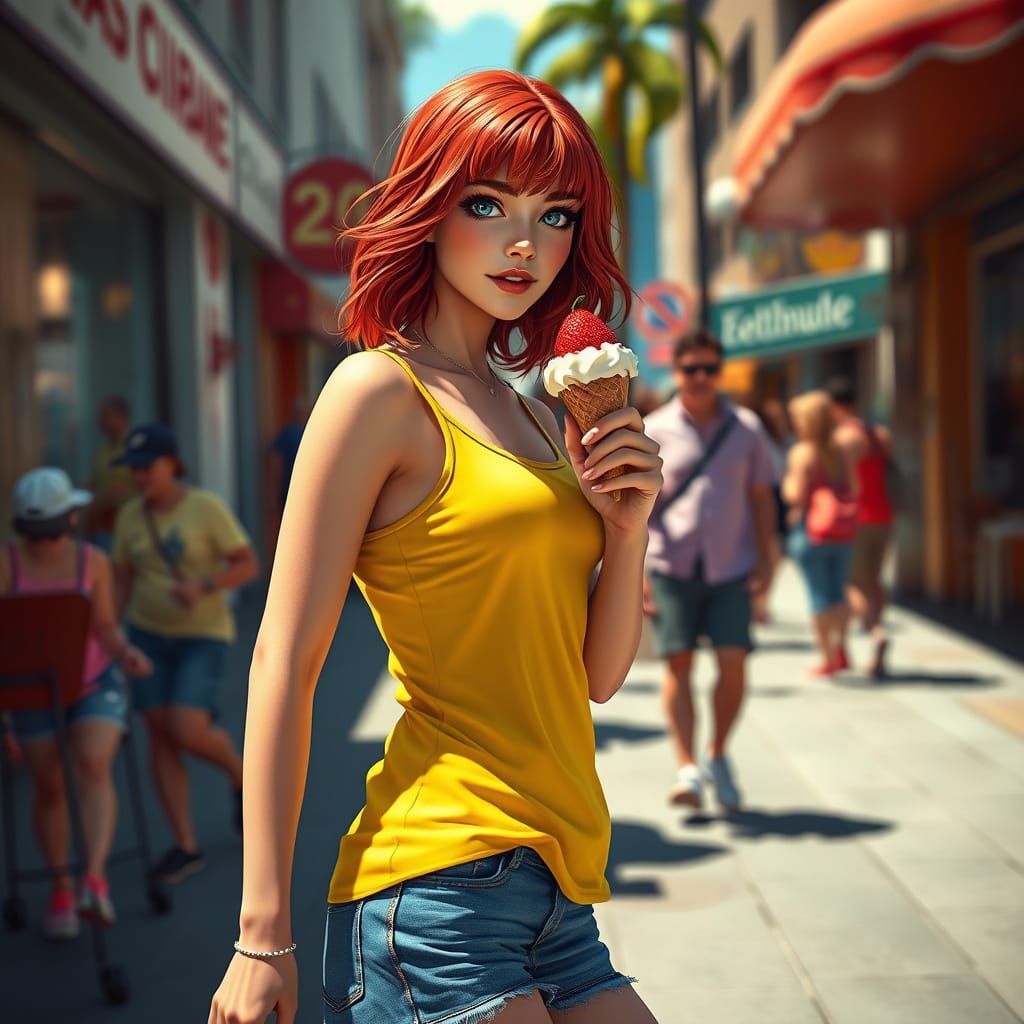 Woman on a Hot Summer Day Enjoying a Strawberry Ice Cream