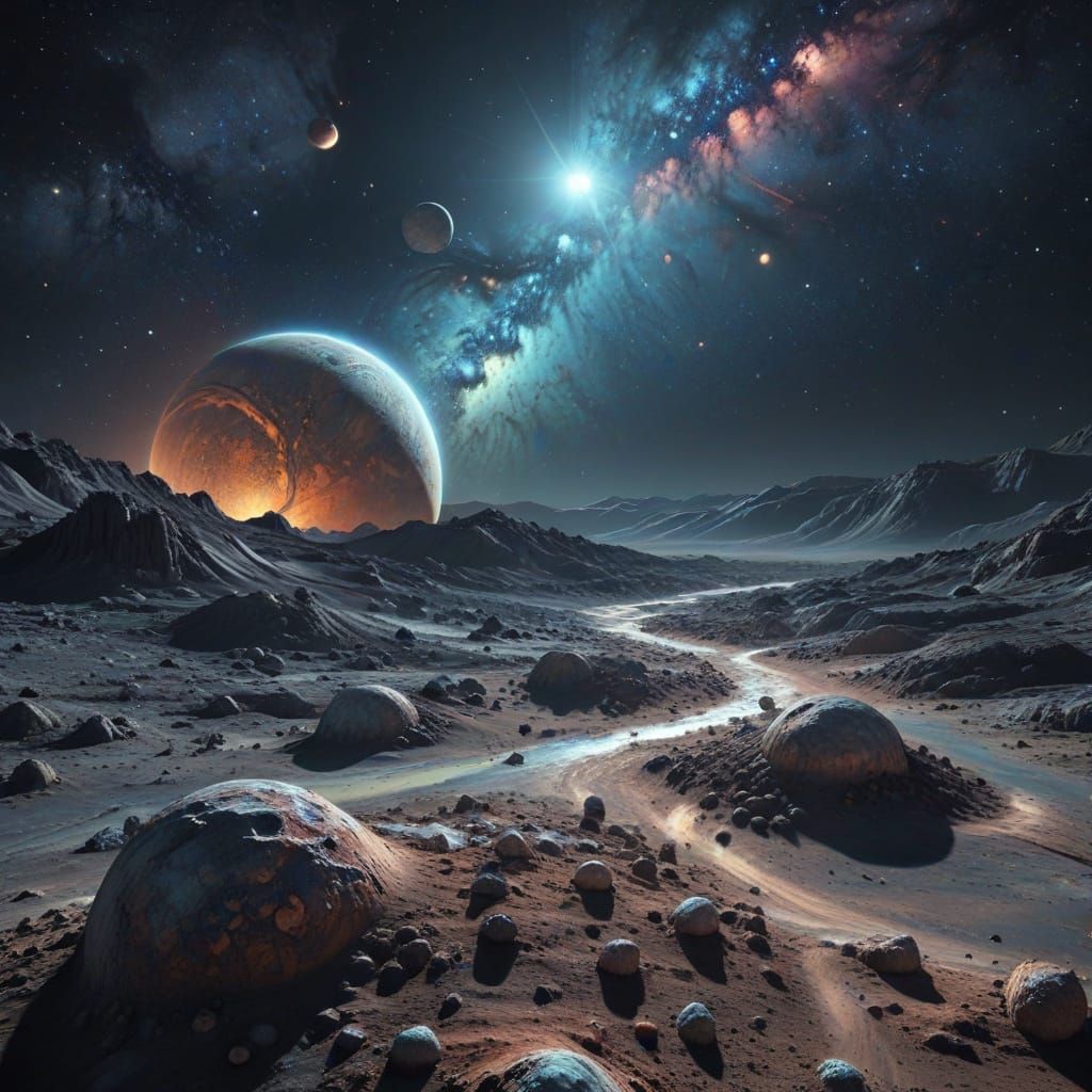 Ethereal Planets Over Lunar Surface in Digital Art