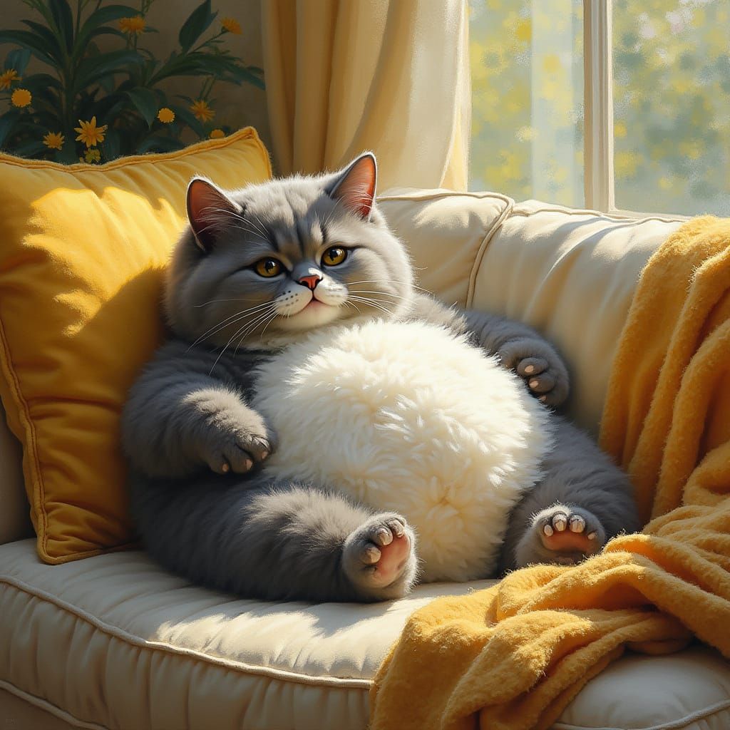 A Chubby Feline Lounges on a Plush Sofa