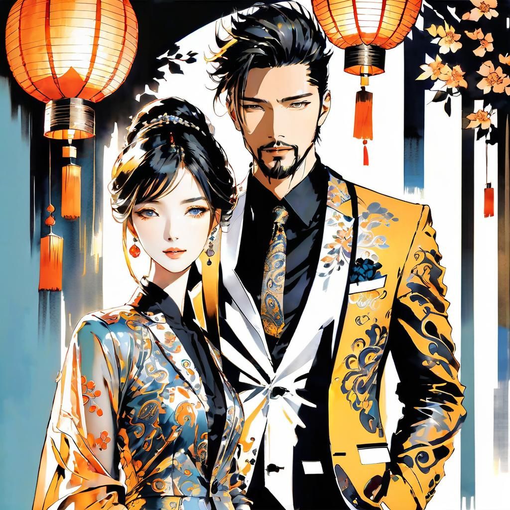 Couple in Paisley Suits at Lantern Festival