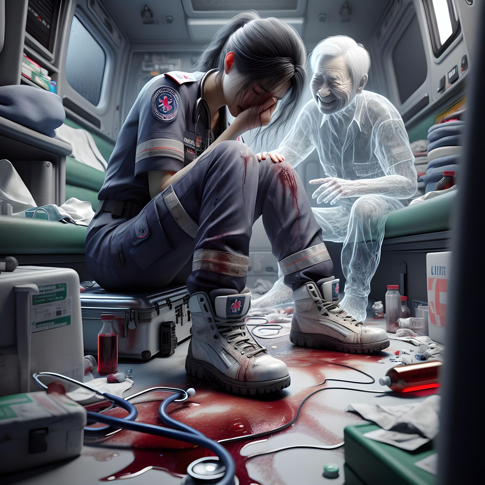 Emotional 3D Rendering of Paramedic in Ambulance