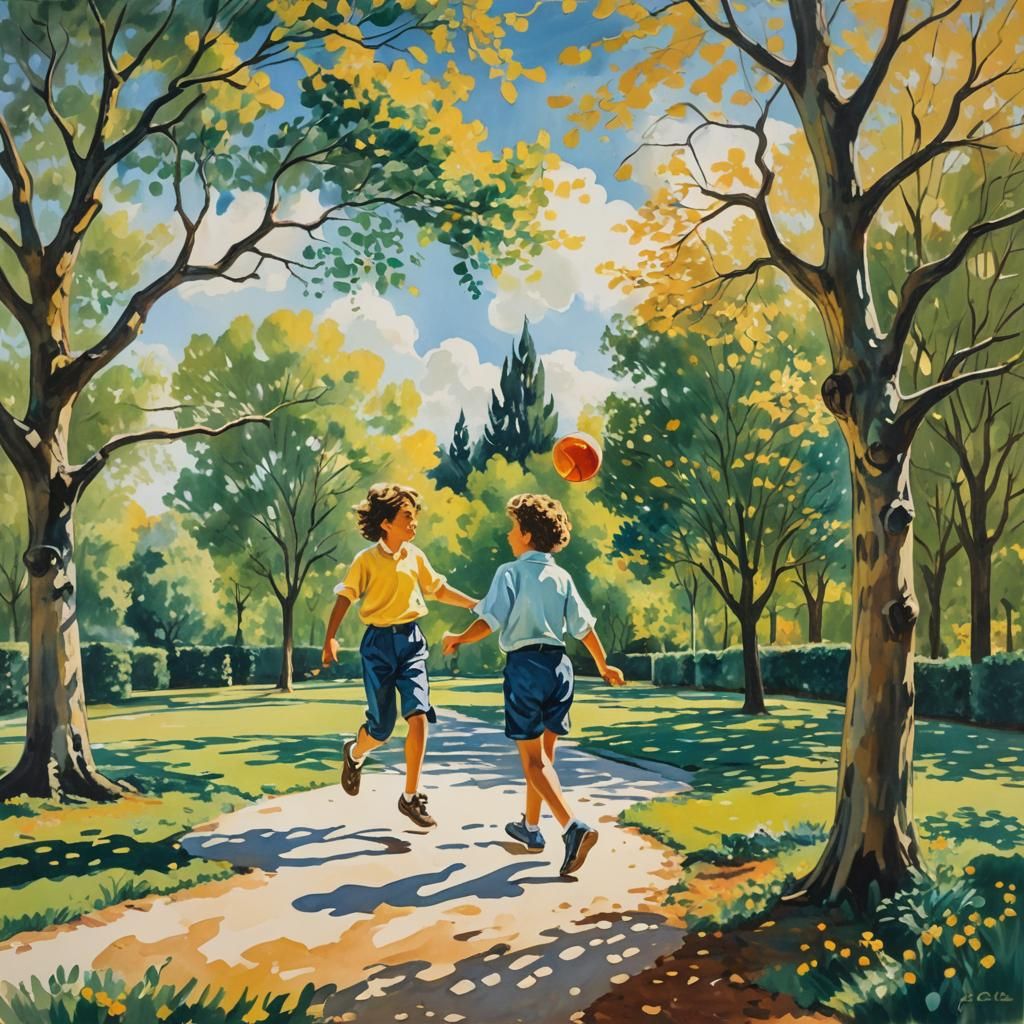 Children Playing Ball in Sunny Park as Impasto Painting