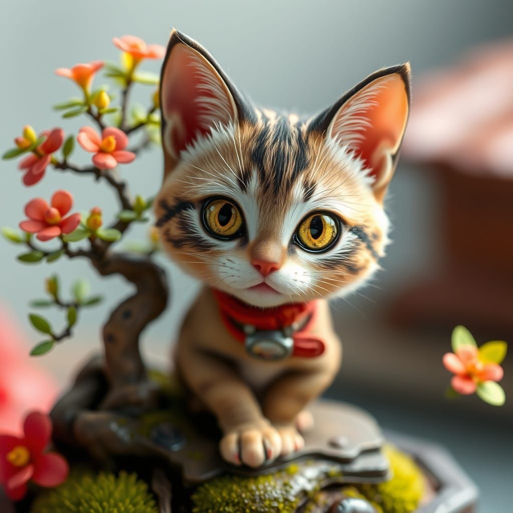 Fortunate Cat on Japanese Bonsai in Whimsical Style