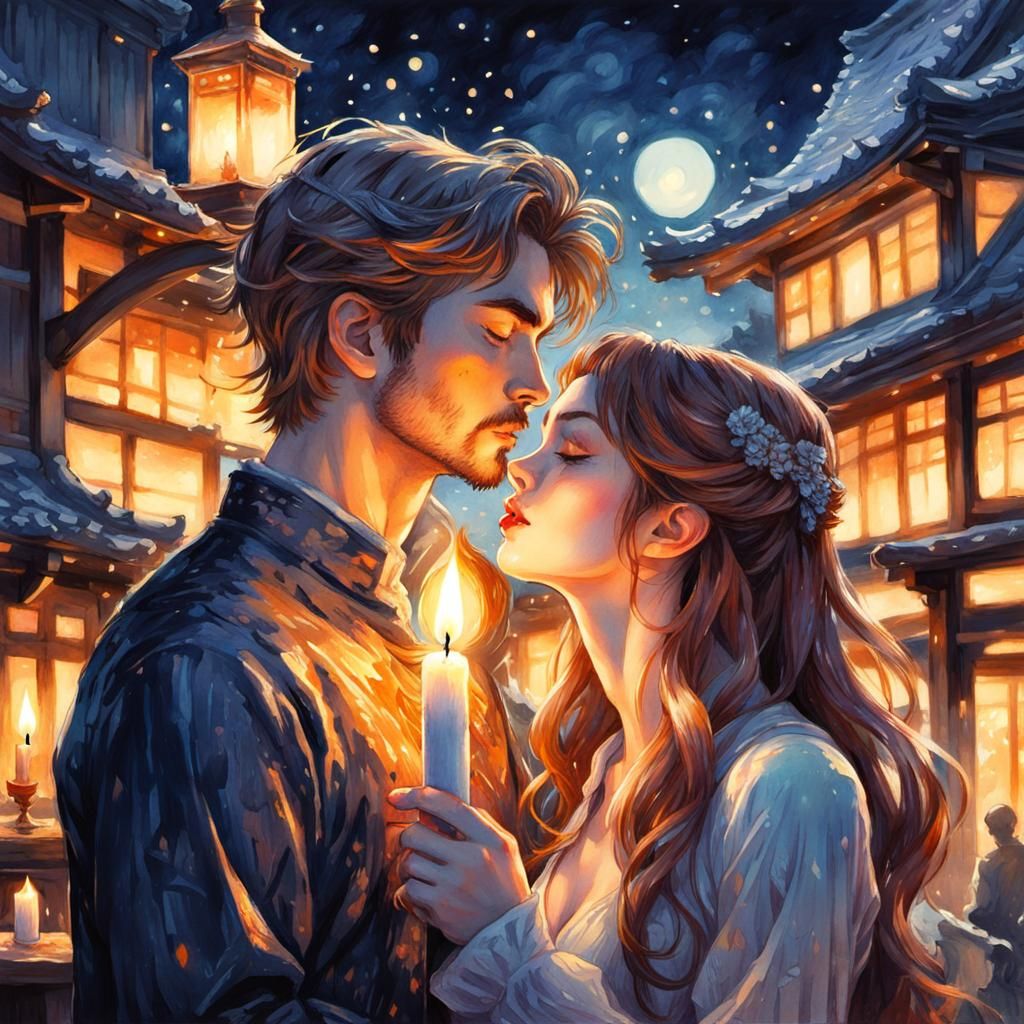 Anime Watercolor: Girl Kisses Surprised Guy