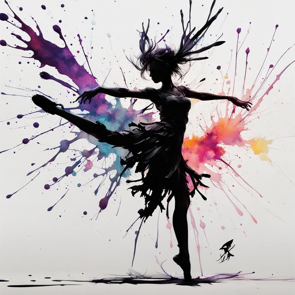 Ink Splatter Fairy Dancing in Ink Drawing Style