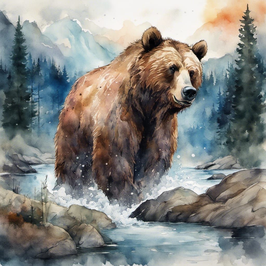 Majestic Grizzly Bear with Salmon Watercolor Painting