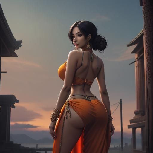 Sensual Indian Woman in Saree, Anime Style