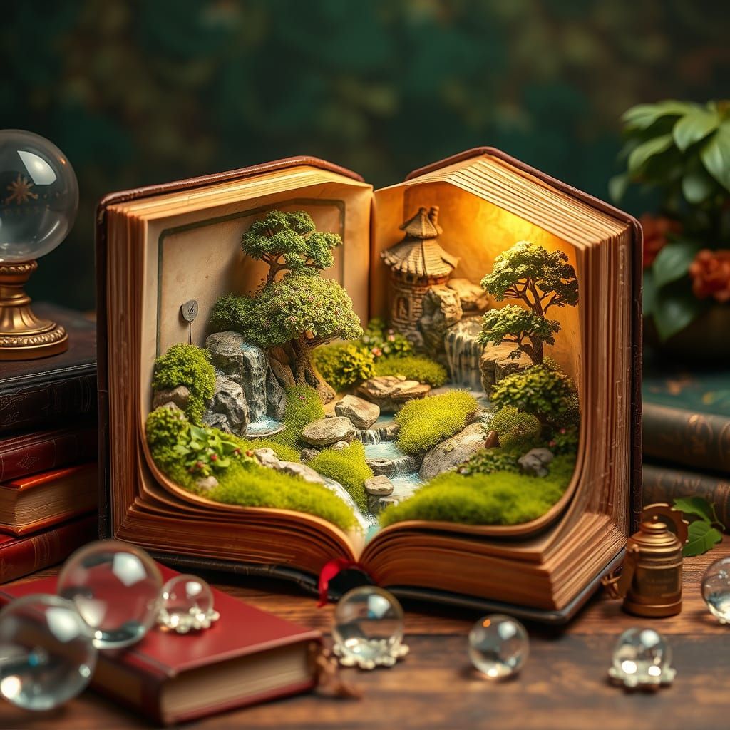 Fantastical Book Scene with Miniature Landscape and Waterfal...