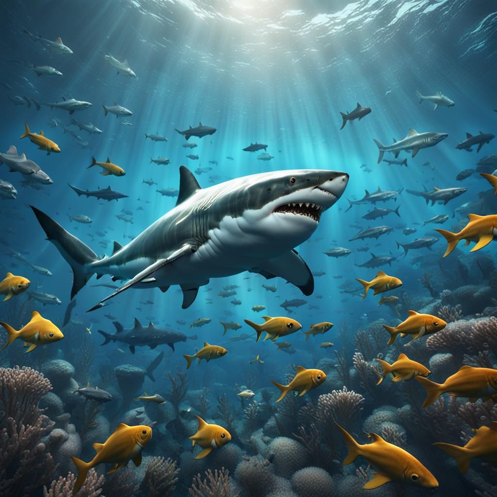 Great White Shark in Ocean Depths: Digital Painting