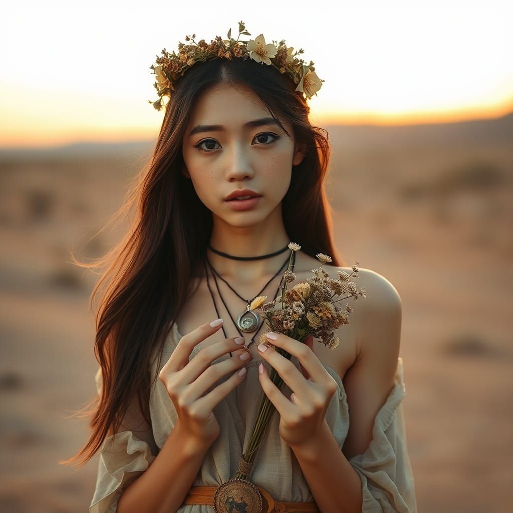 Japanese Woman in Desert at Sunset