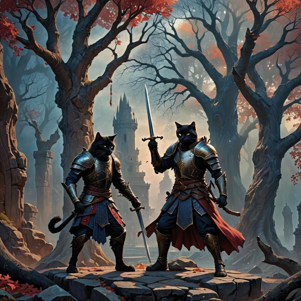 Medieval Warrior and Cat Clash in Dreamlike Arena