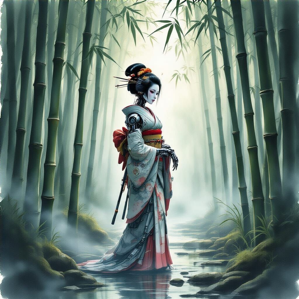 Cyborg Geisha in Misty Bamboo Forest Watercolor