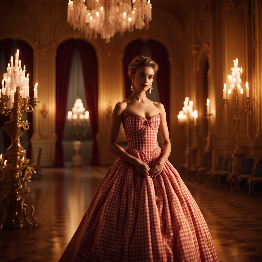 Gingham Ball Gown in Lavish Ballroom