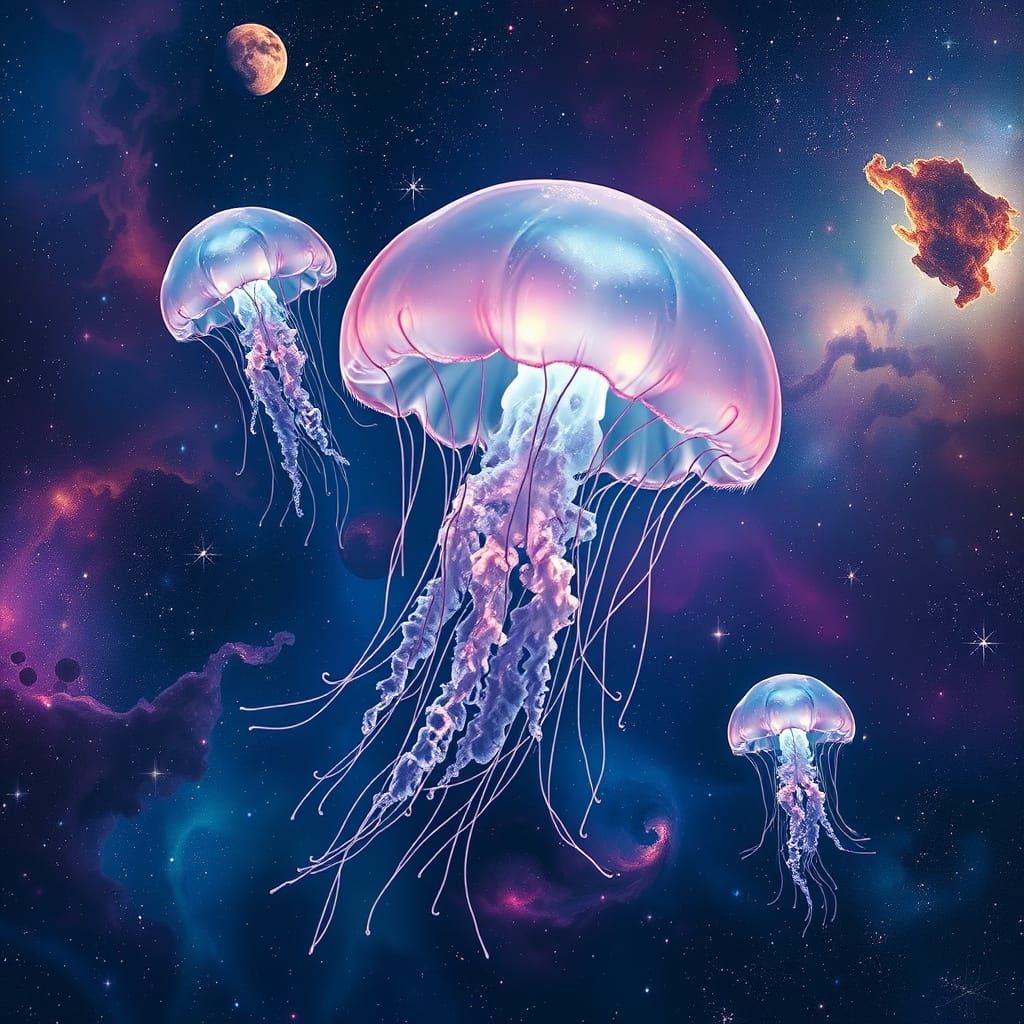Cosmic Jellyfish Drift through Starry Nebulae in Surrealisti...