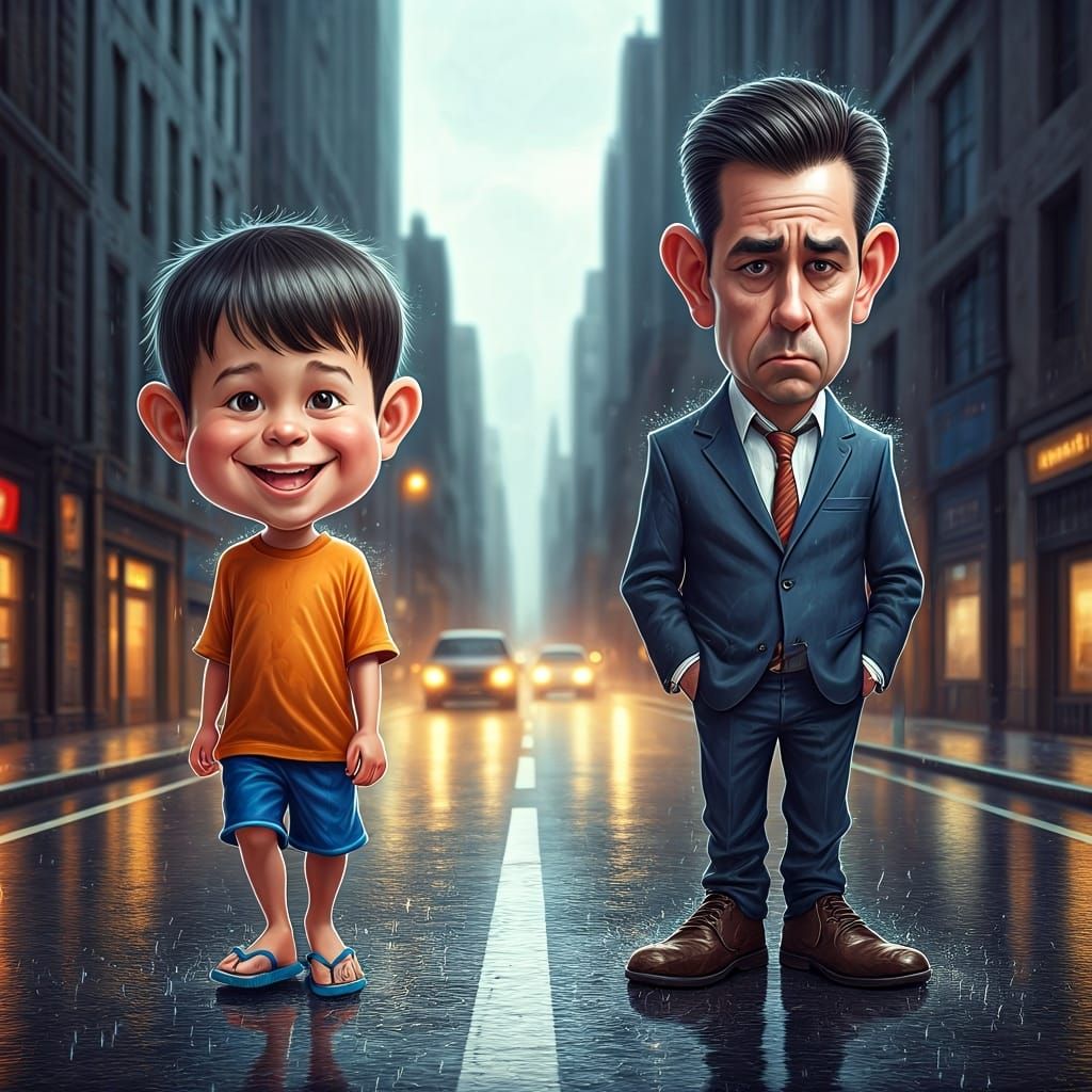 Joyful Boy in Rain, Caricature Cityscape