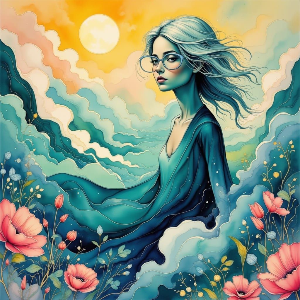 Teal Goddess in Dreamscape with Pink Glasses