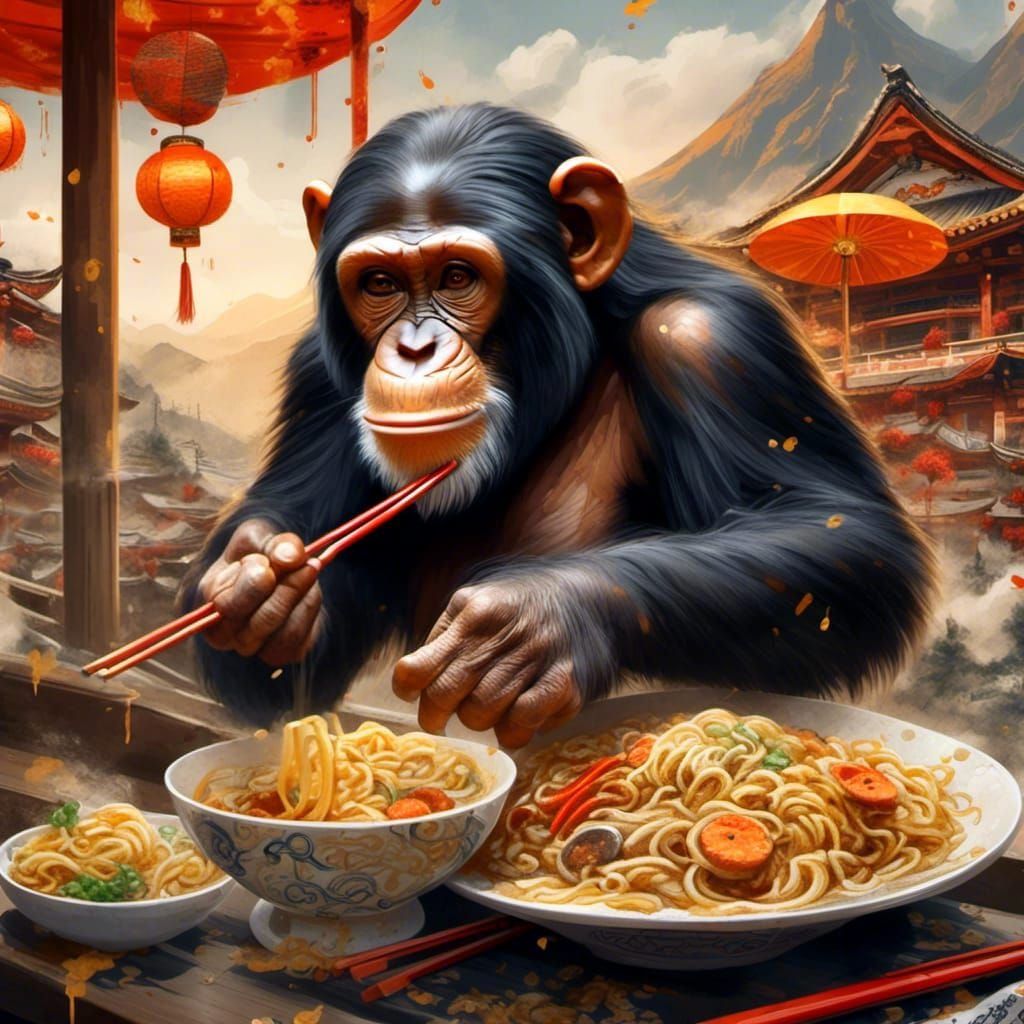<lora:Asien Inspirations:1.0> Chimpanzee eating Ramen Noodel...