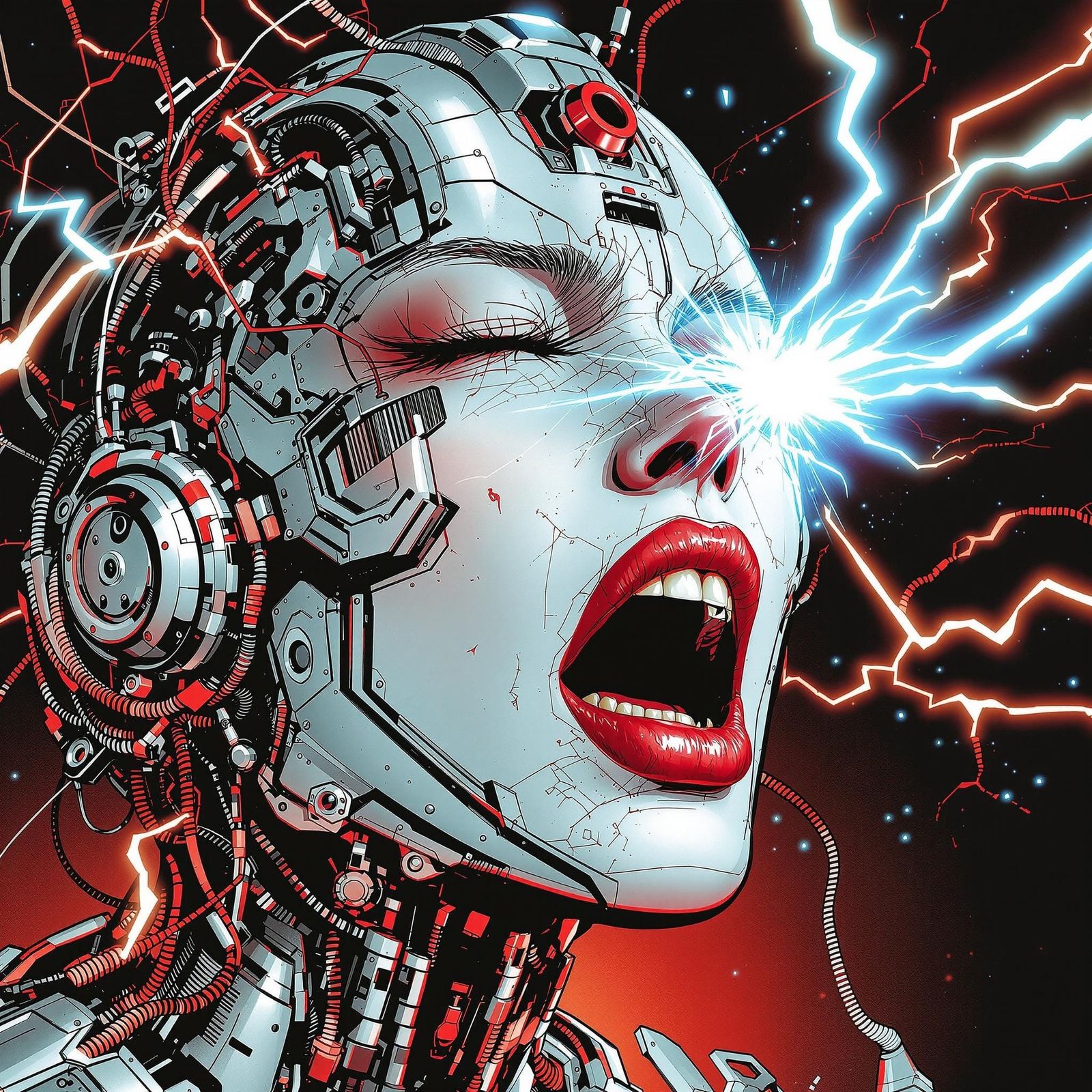 Cyborg Woman Screams in Cyberpunk Comic Illustration