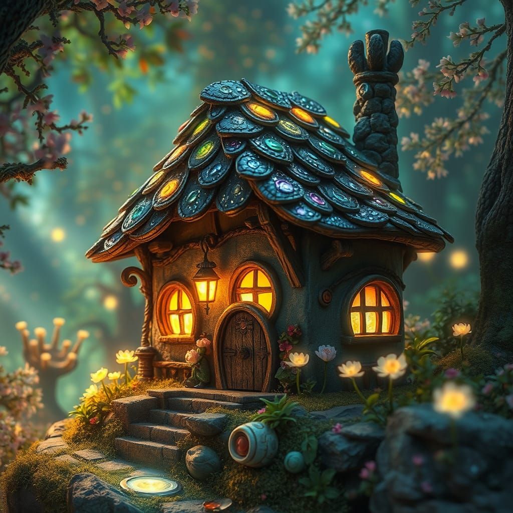 Enchanted Fairy House on Bioluminescent Mountain