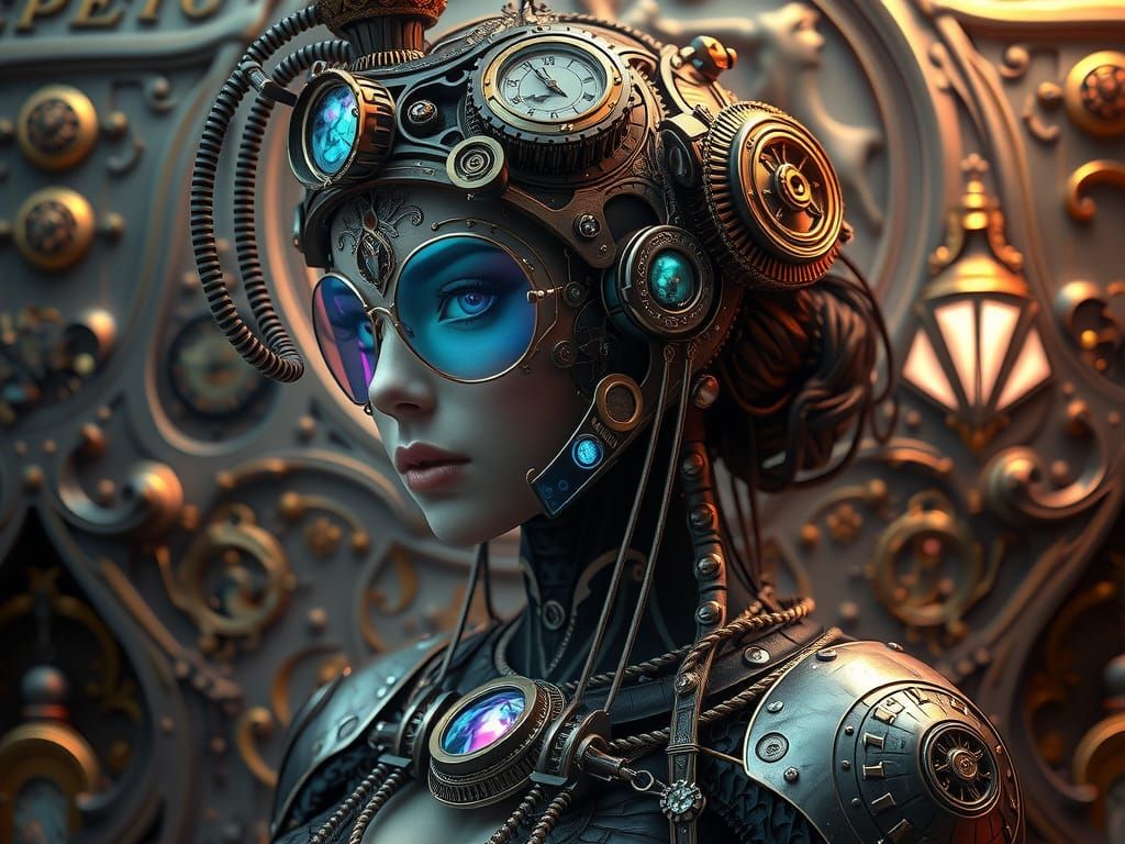 Steampunk Cyborg Woman in Opulent Baroque Setting