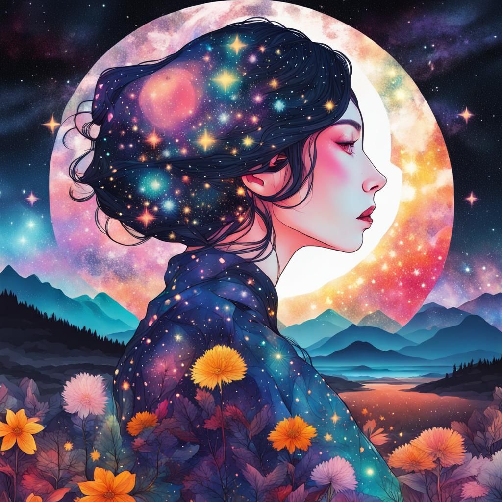 Night Princess in Starry Fantasy Landscape Collage