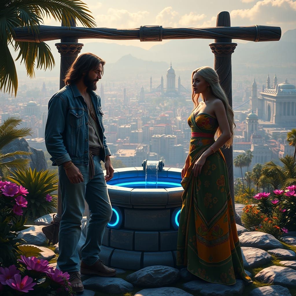 Jesus and Samaritan Woman: Modern Futuristic Matte Painting
