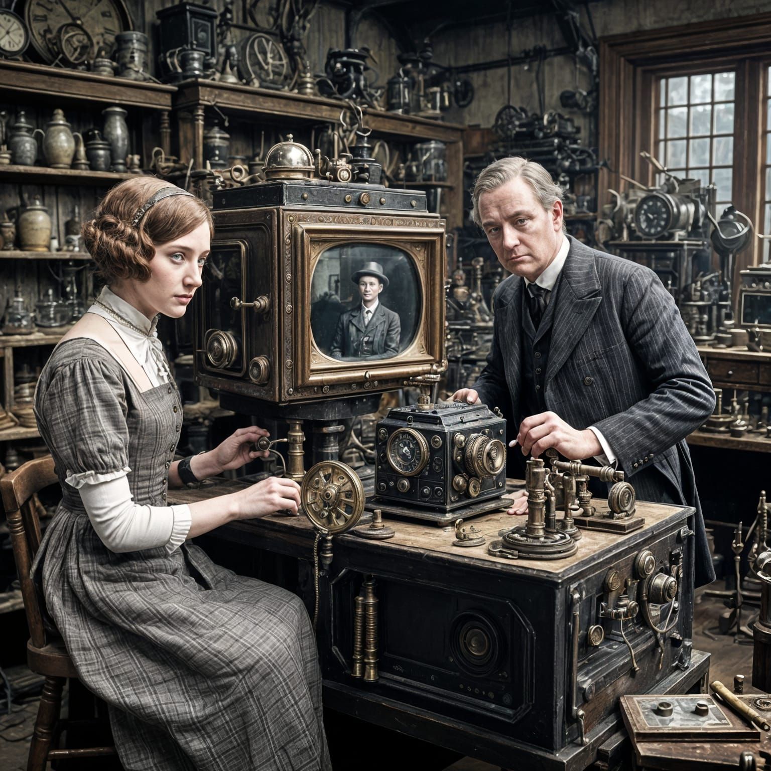 Steampunk Couple Work on Viewing Device in Workshop