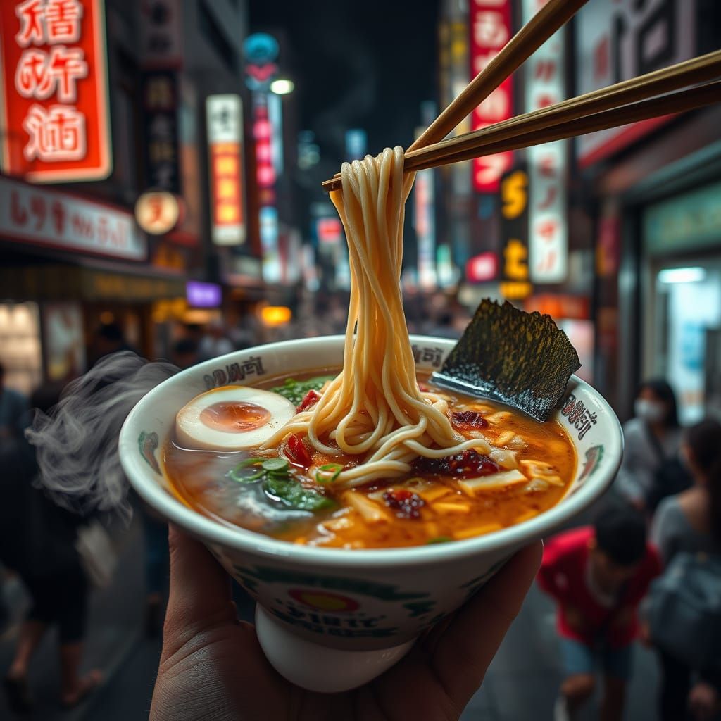 Steaming Ramen in Tokyo, Gritty Realism Style
