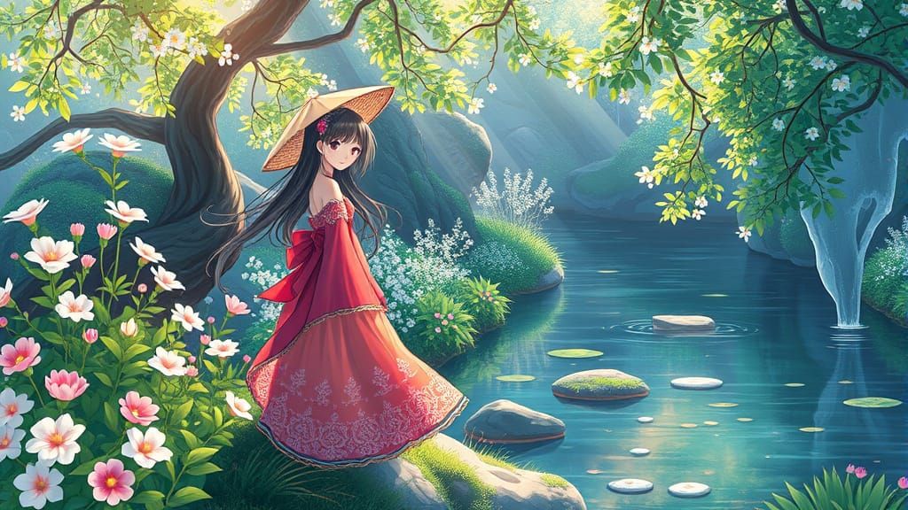 Anime Girl by River with Flowers in Studio Trigger Style