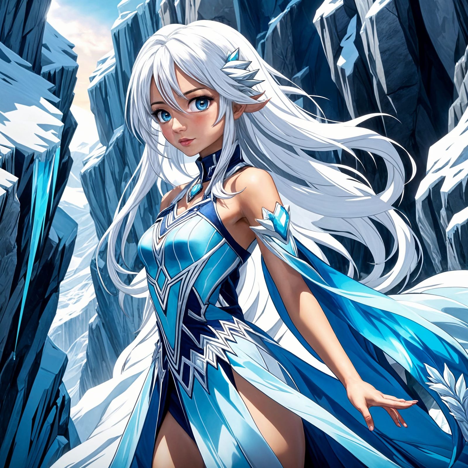 Icy Woman on Snowy Cliff: Anime Style