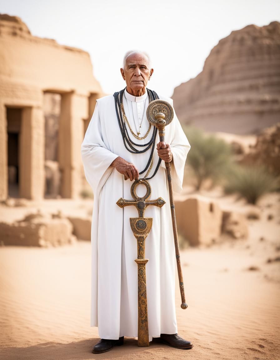 Antique Priest with Ankh Scepter in Desert Ruins