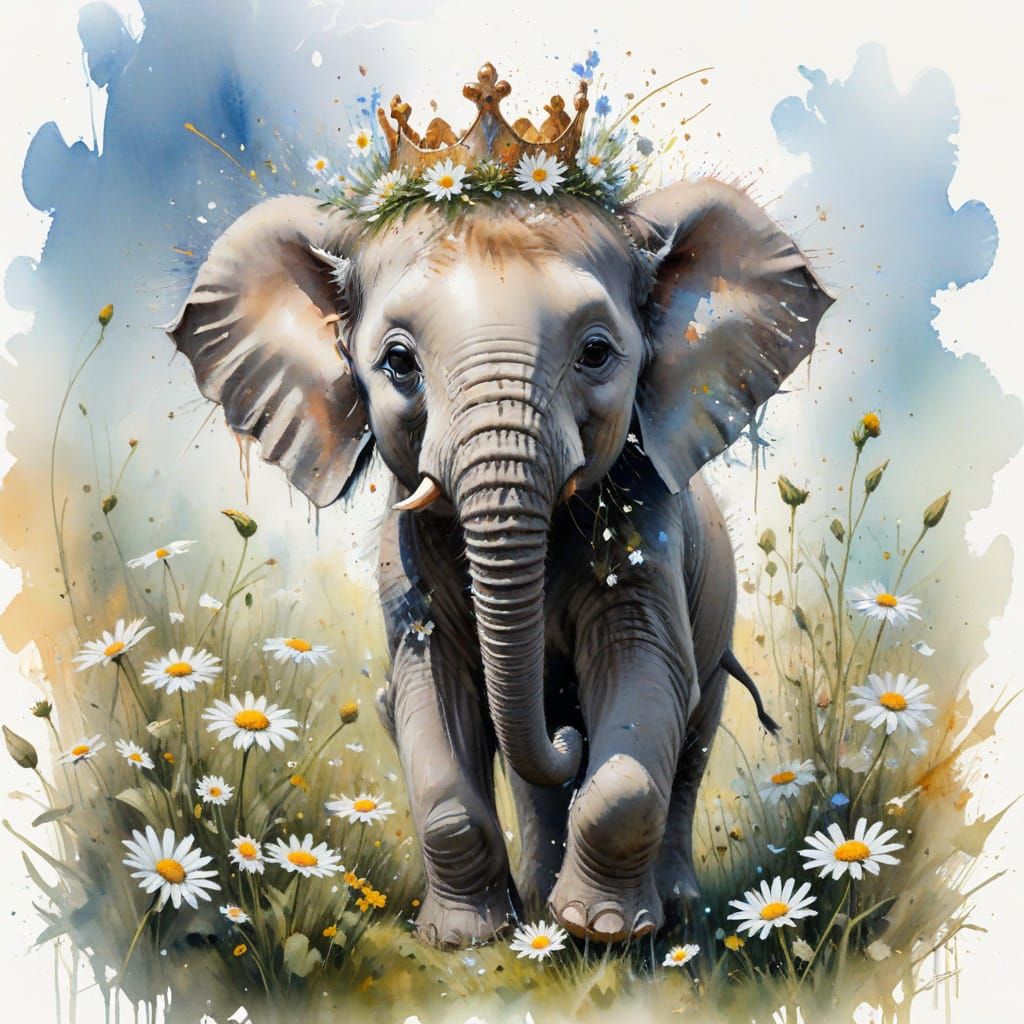 Elephant Calf in Meadow, Watercolour Painting