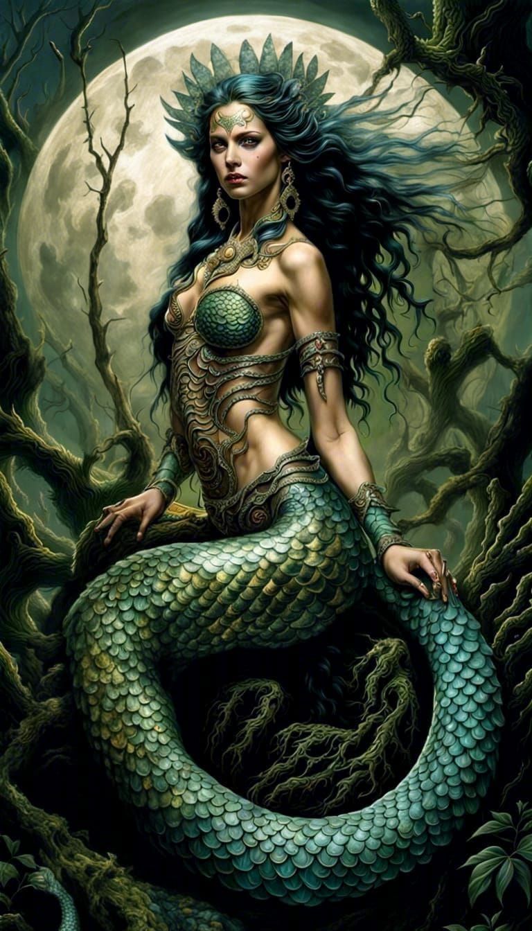 Fierce Mermaid Coiled in Dark Forest: Fantasy Art
