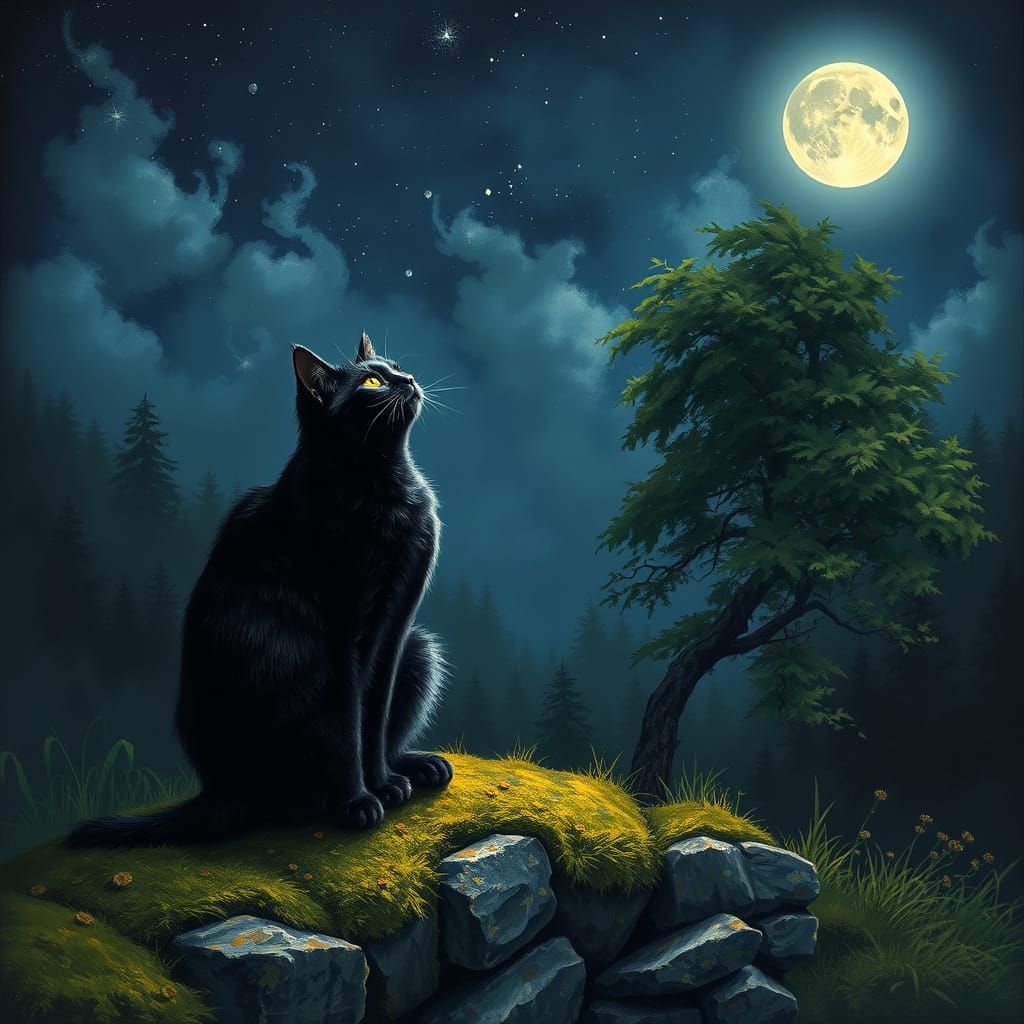 Ethereal Black Cat Under Starry Night Sky in Chiaroscuro Sty...