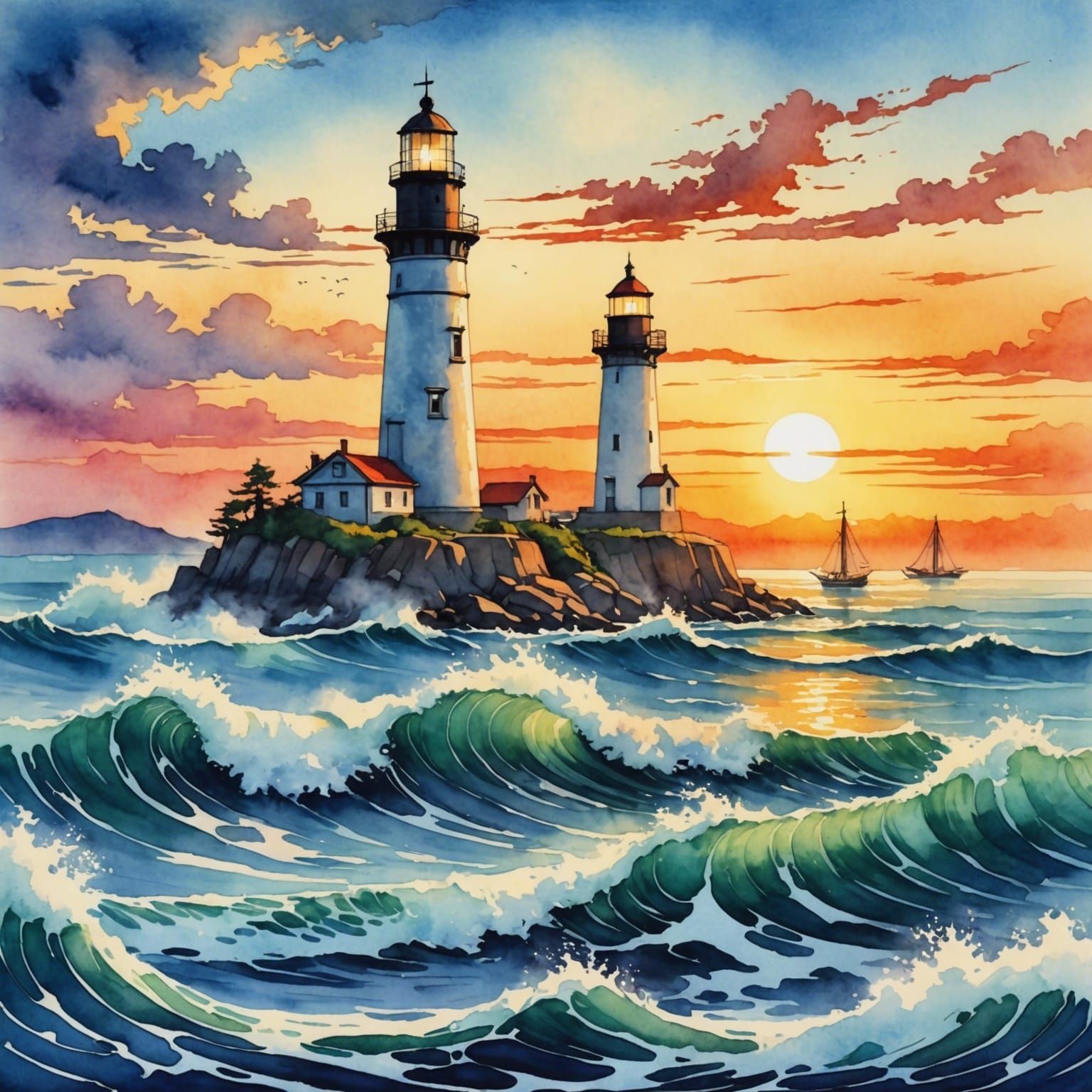 Vibrant Sunrise Oceanscape Watercolor Illustration